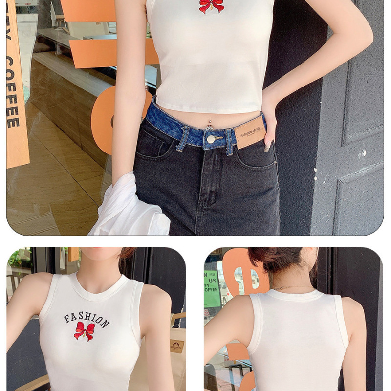 2 Pieces Women'S Casual Comfortable Wide Shoulder Embroidered Bow Tank Top With Chest Pad