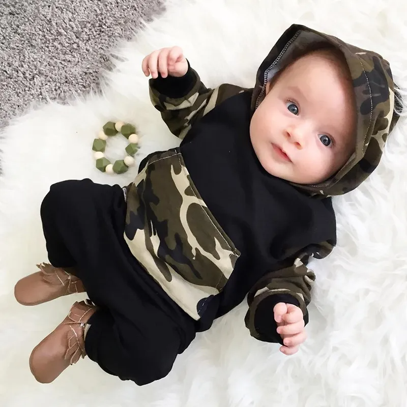 Toddlers Newborn Baby Fashion Boy Long Sleeve Camouflage Print Hoodies And Pants 2pcs Set