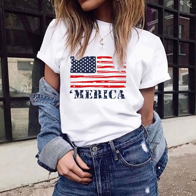 Women'S Fashion Star Stripe Flag Printed Round Neck Short Sleeve T-Shirt