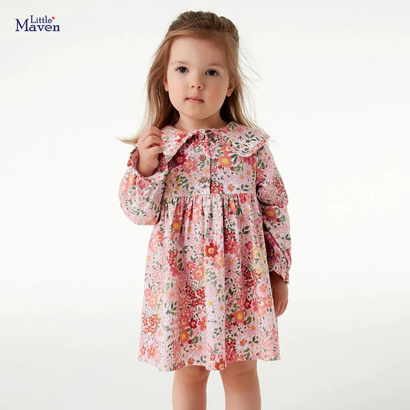 Kids Toddler Big Girls Spring Autumn Fashion Casual Cute Sweet Color Matching Floral Pleated Lapel Long Sleeve Dress