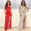 Women Fashion Sexy Oblique Shoulder Sleeveless Sequin High Cut Side Split Party Maxi Dress