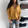 Women Fashion Casual Simple Solid Color V-Neck Pullover Knitted Sweater