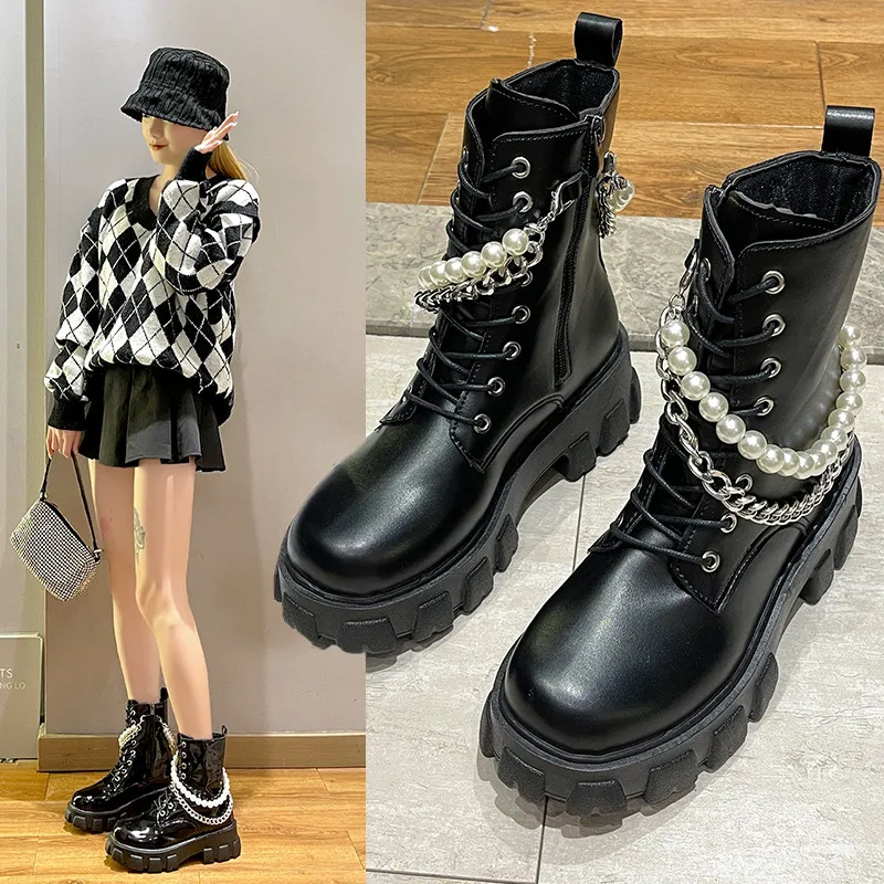 Women Fashion Platform Pearl Chain Mid-Calf Boots