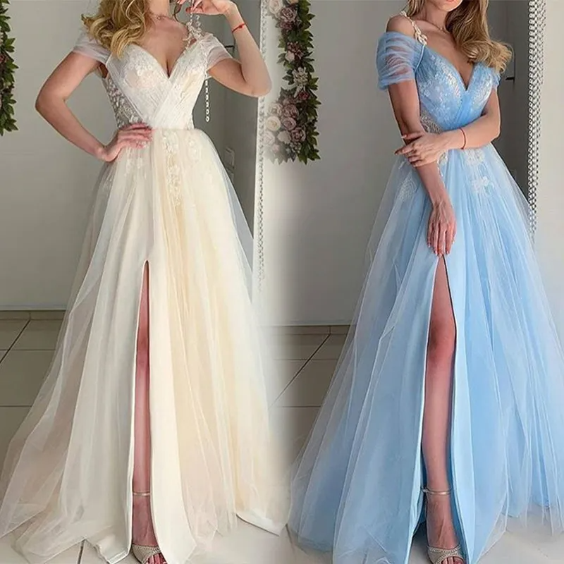 Women Elegant Off-The-Shoulder V-Neck Side-Slit Mesh Patchwork Sweep Length Wedding Evening Dress