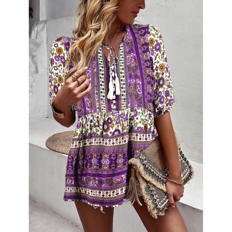 Women'S Casual Vacation V-Neck Printed Top