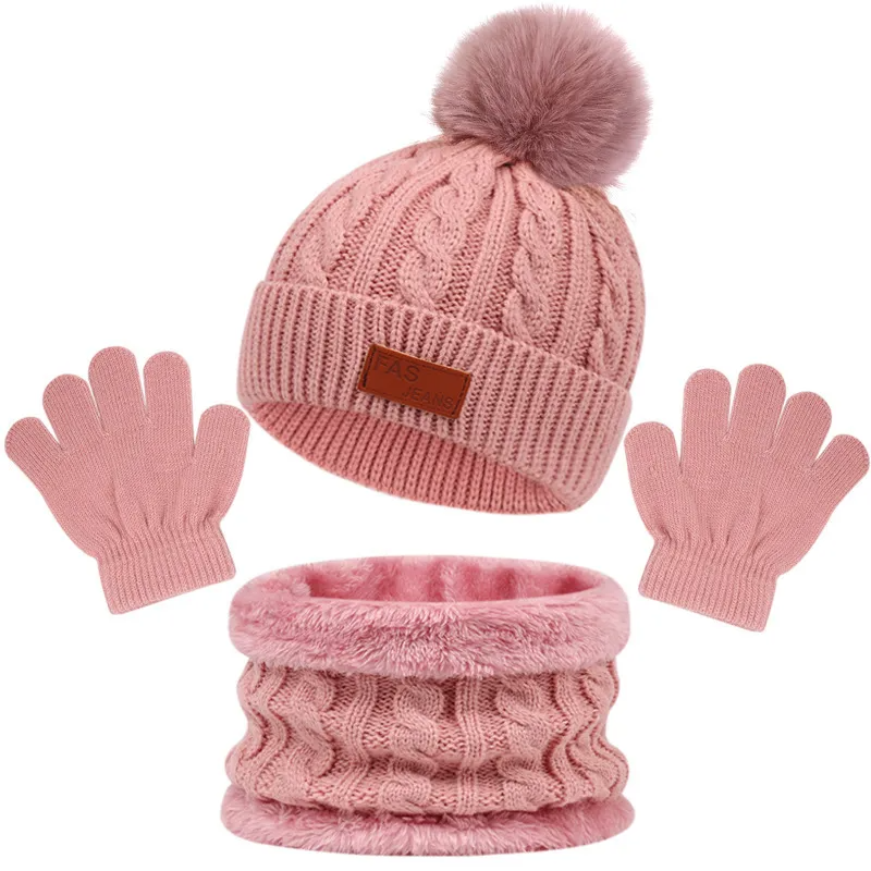 (Buy 1 Get 1) Kids Unisex Autumn Winter Fashion Casual Cute Solid Color Hat Scarf Gloves Three Set