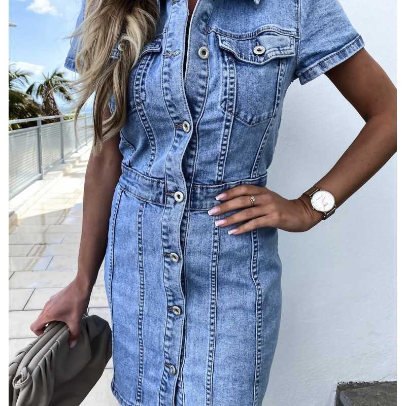 Women Mid-Length Retro Slim Single-Breasted Hip Short Sleeve Denim Dress