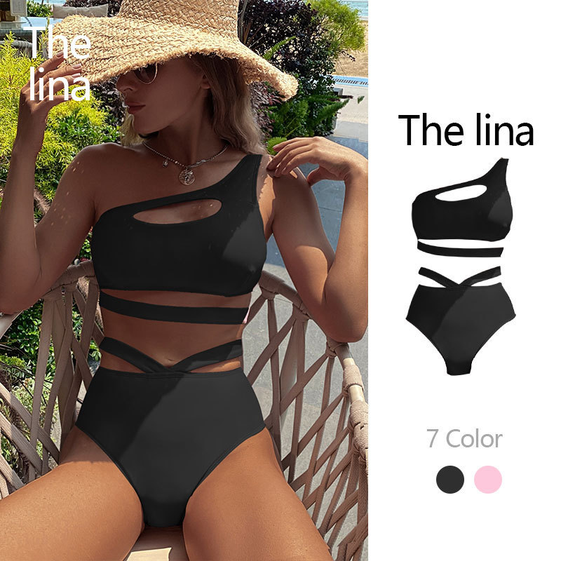 Women'S Solid Color High Waist Triangle One Shoulder Strap Swimsuit Two-Piece Set