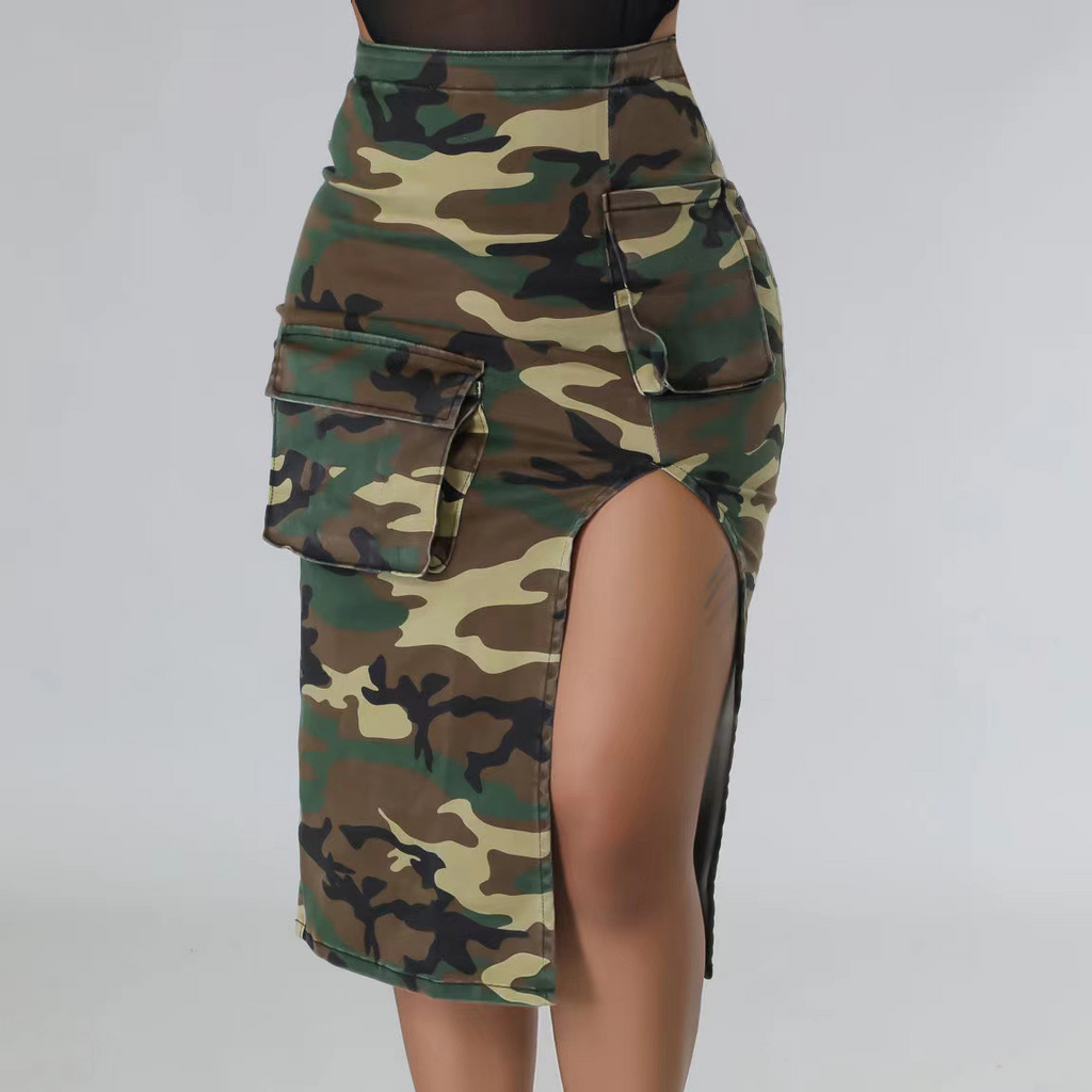 Fashion Women Street Camouflage Slit Pocket Slim Fit Skirt