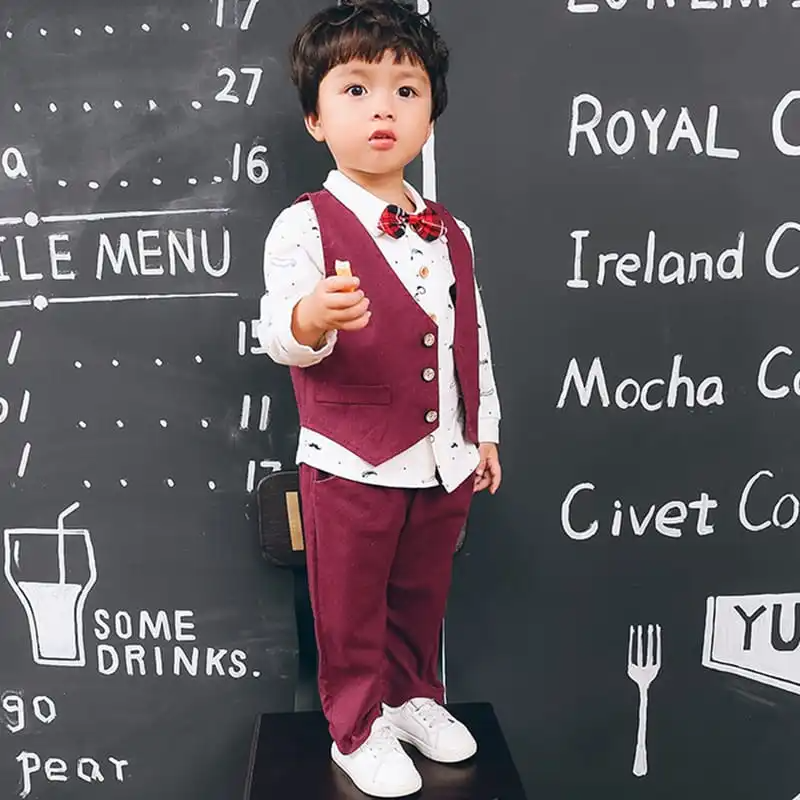 Boys Moustache Pattern Lapel Shirt Single-Breasted Vest And Pants Set