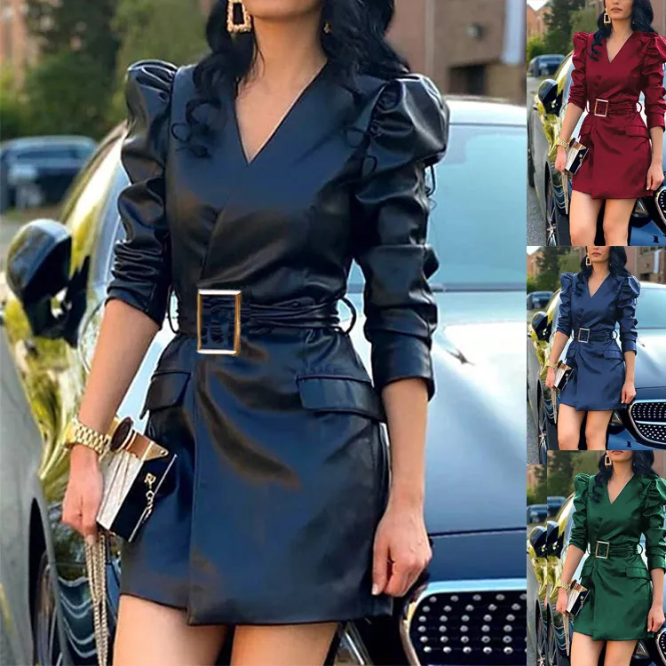 Women Fashion Sexy V-Neck Long Sleeve PU Dress Belt