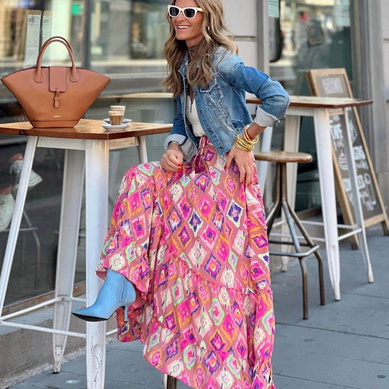 Women Fashion Street Casual Floral Printed Ruffle Long Skirt