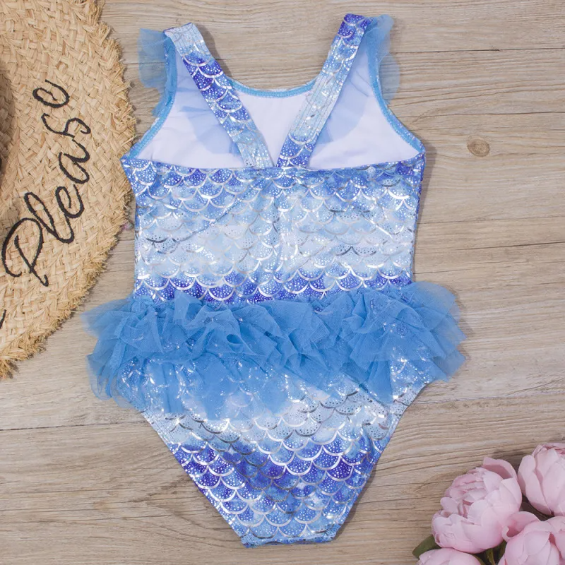 Children Kids Baby Fashion Girls Blue Mermaid Print Mesh One Piece Swimsuit