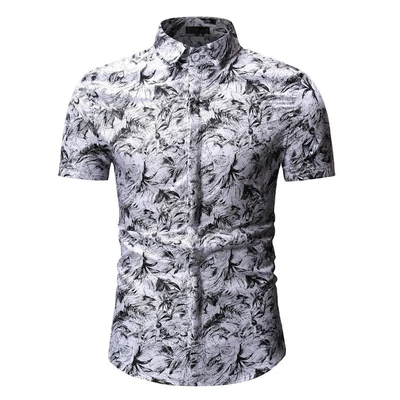 Men Fashion Casual 3D Tiny Flower Print Short Sleeve Lapel Shirt