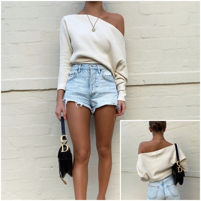 Women Fashion Street Solid Color Loose One Shoulder Long Sleeve Knitted Sweater