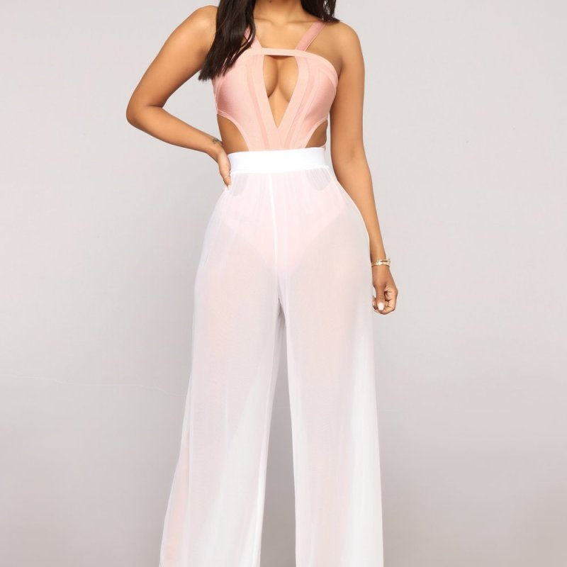 Solid Color Women Sexy Solid Mesh See-Through Casual Wide-Leg Pants