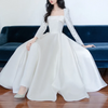 Women Simple Hepburn Style Satin Light Long Sleeve Wedding Dress