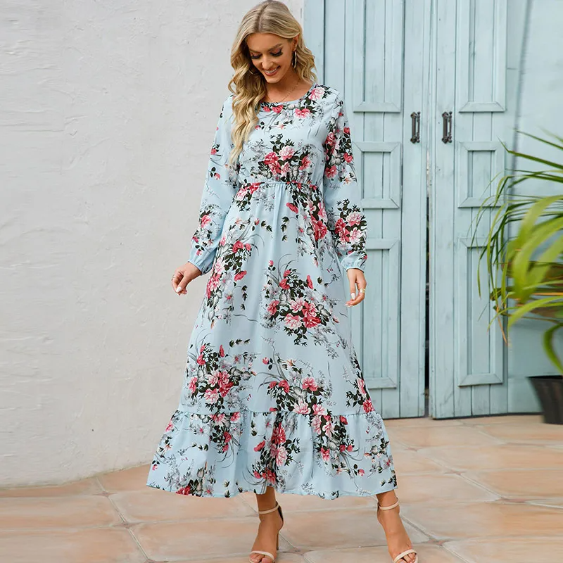 Women Ramadan /Eid Fashion Floral Chiffon Long Sleeve Maxi Dress