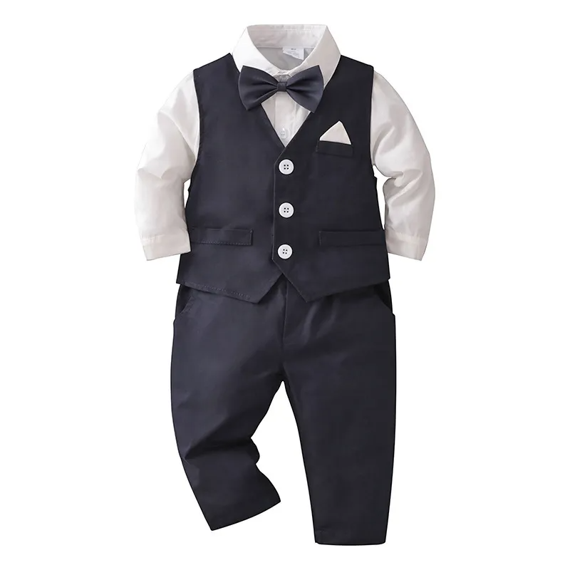 Kids Toddler Boys Spring Autumn Fashion Casual British Style Bow Waistcoat Shirt Trousers Boys Party Clothing Set