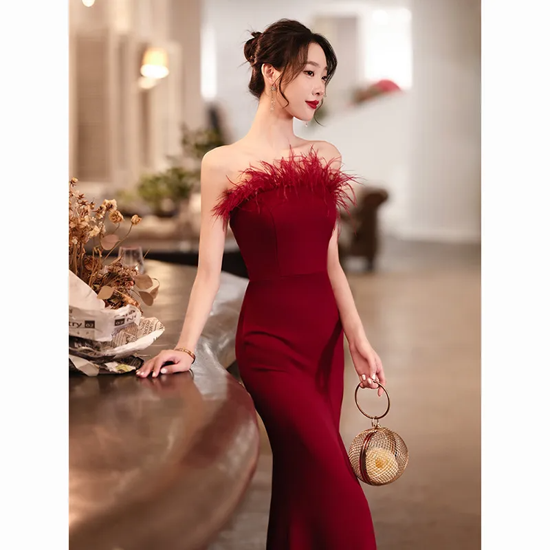 Evening Women Temperament Solid Color Off-The-Shoulder Fishtail Slit Wedding Dress