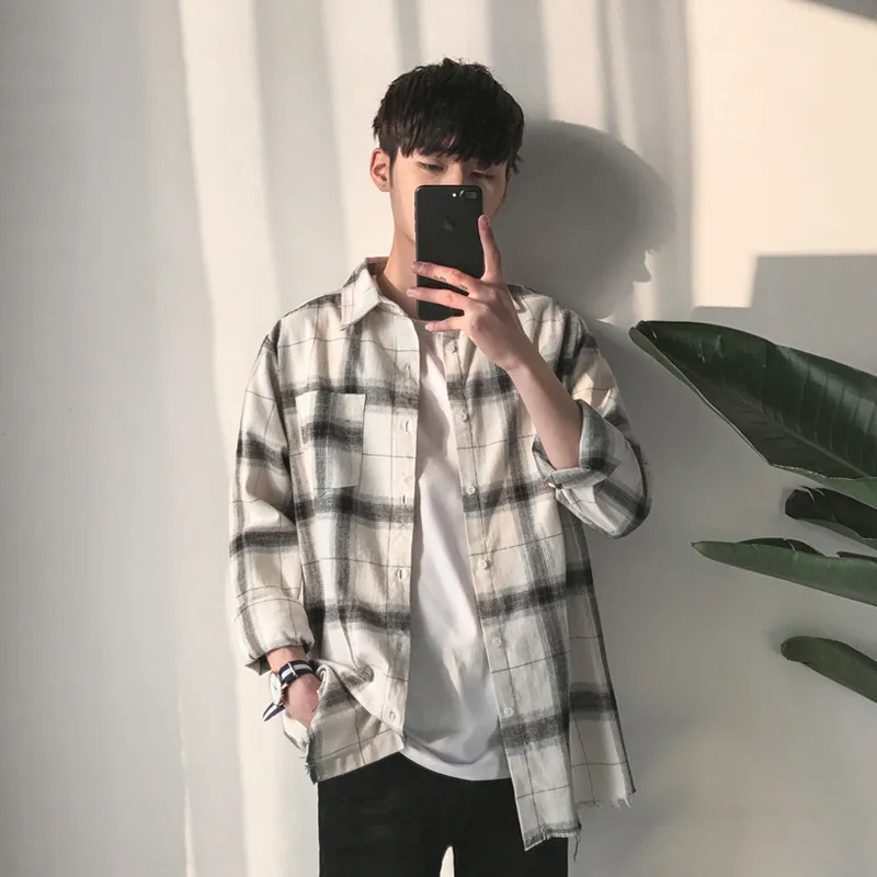 Men Fashion Black White Plaid Long Sleeve Loose Shirt