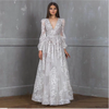 Women Fashion Lace Embroidery Dress Bride Temperament V-Neck Long Sleeve Sequin Wedding Dress