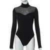 Women Fashion Solid Color Mesh Patchwork Long-Sleeved Bodysuit