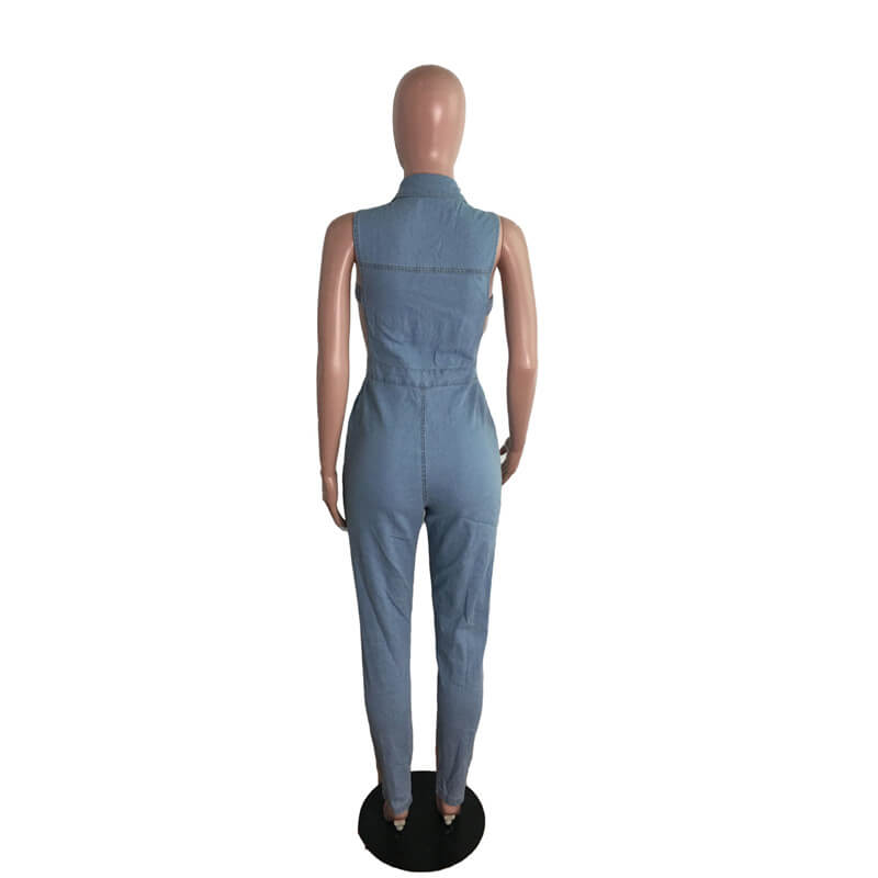 Women Sexy Lapel Cut Out Single-Breasted Denim Jumpsuits