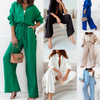 Women Solid Lapel Button Long Sleeve Top And Loose Elastic Wide Leg Pants Two Piece Set