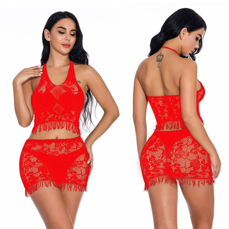 Women'S Lace Hollow Halter Neck Tassel Pajamas Two-Piece Set ( 2 PCS )