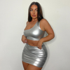 Women Silver One Shoulder Top And High Waist Skirt Stylish Sexy Two-Piece Set