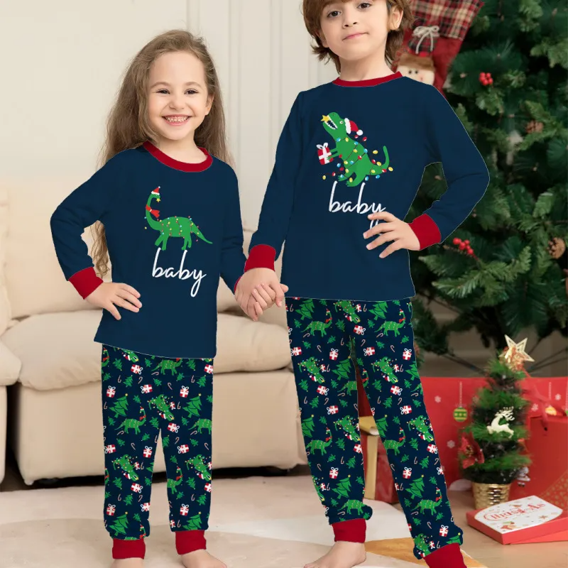 Christmas Cartoon Fashion Dinosaur Letter Printing Round Neck Long Sleeve Home Parent-Child Pajamas Set