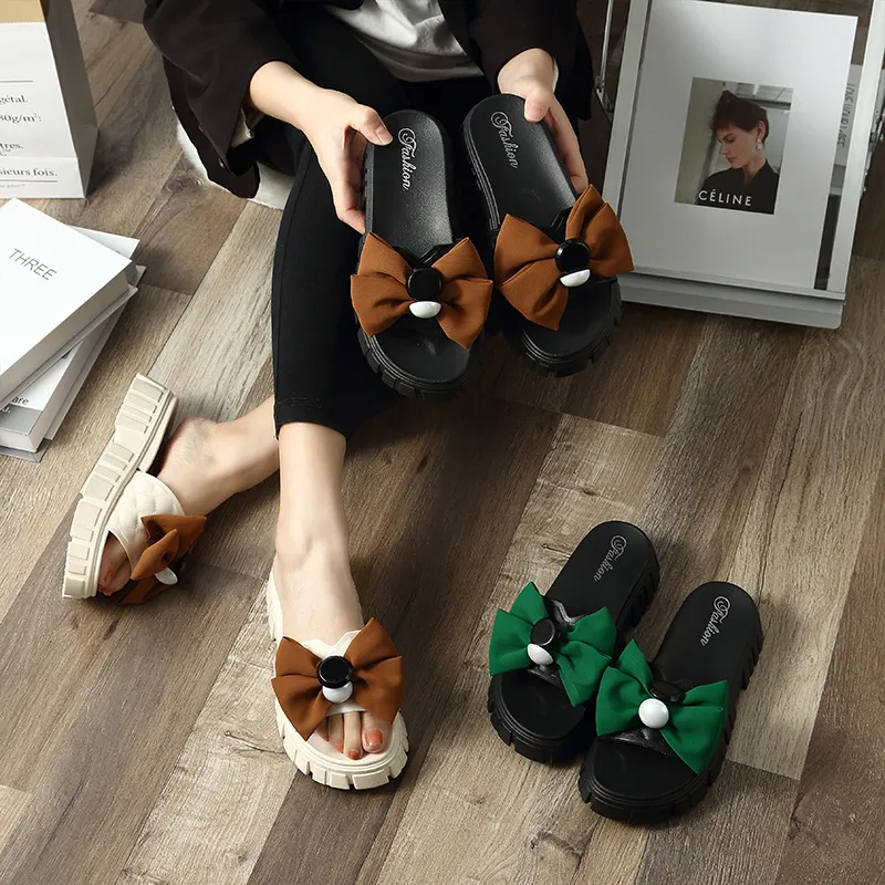 )2 pairs) Women Fashion Bow Thick-Soled Slippers