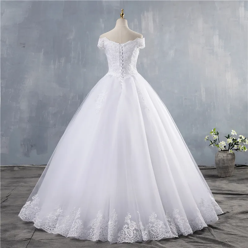 White Ivory Lace Appliques Ball Gown Off The Shoulder Short Sleeves Bridal Dress Wedding Dresses