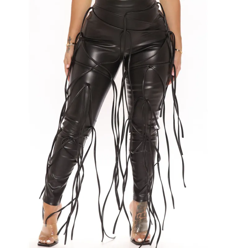 Women Fashion Casual Lace-Up PU Tight Pants