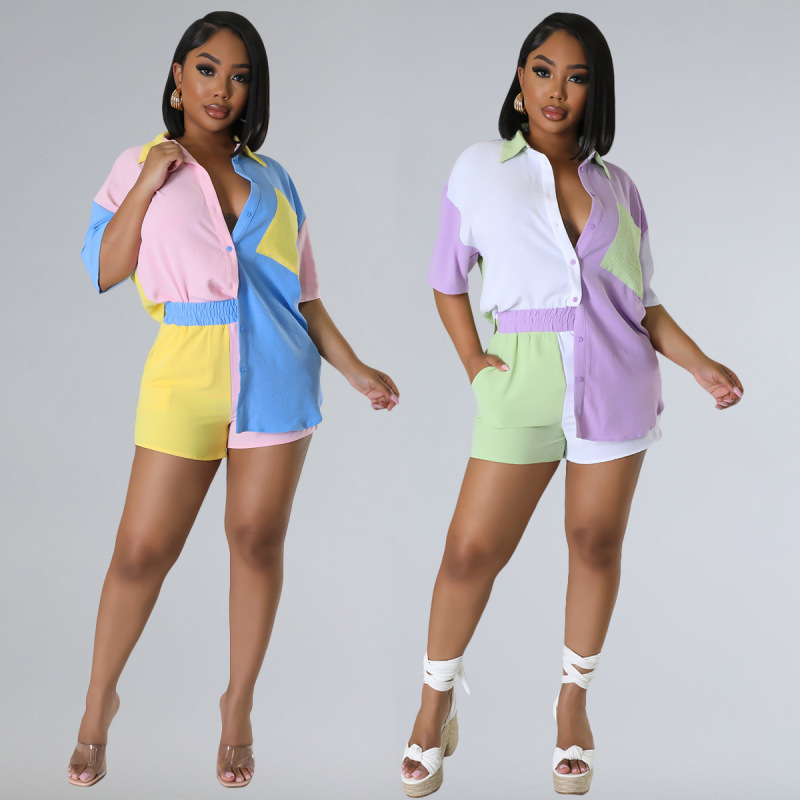 Women'S Fashion Casual Color Blocking Short Sleeve Shirt Pocket Shorts Two-Piece Set