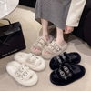 Autumn Winter Women Fashion Plus Size Belt Buckle Plush Warm Home Slippers