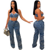 Women Fashion Casual Tooling Bag Zipper Elastic Waist Cargo Jeans