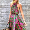 Women Sexy Boho Vacation Halter Neck Sleeveless Defined Waist Print Backless Dress