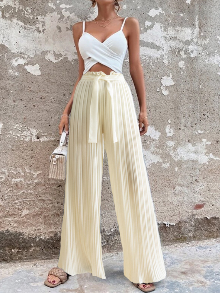 Women Casual Solid Color Pleated High Waist Straight Leg Pants