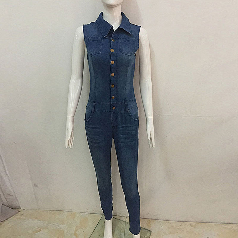 Sexy Lapel Sleeveless Single-Breasted Slim Denim Jumpsuits