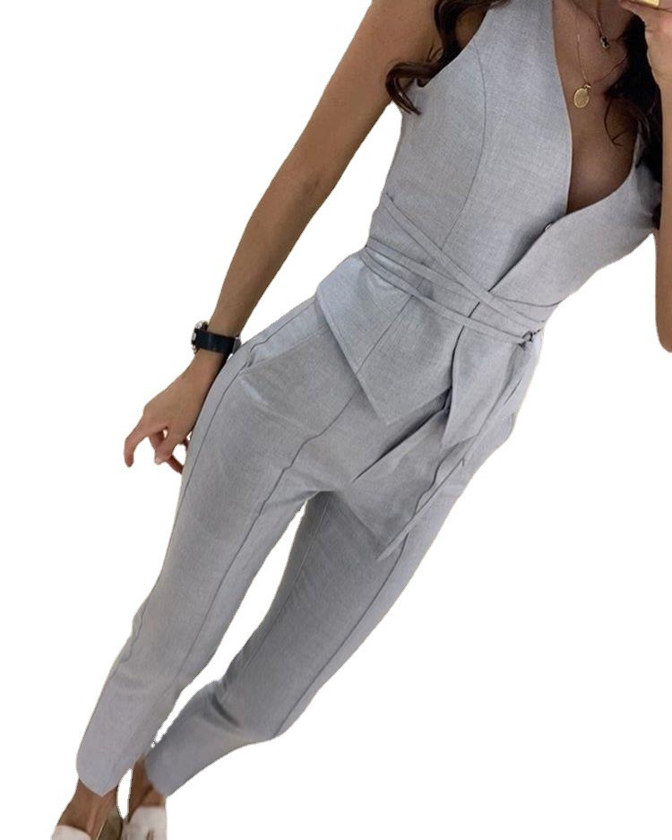 Summer Women'S Casual Solid Color Office-Chic Defined Waist V-Neck Vest And Slim Fit Pants Two-Piece Sets