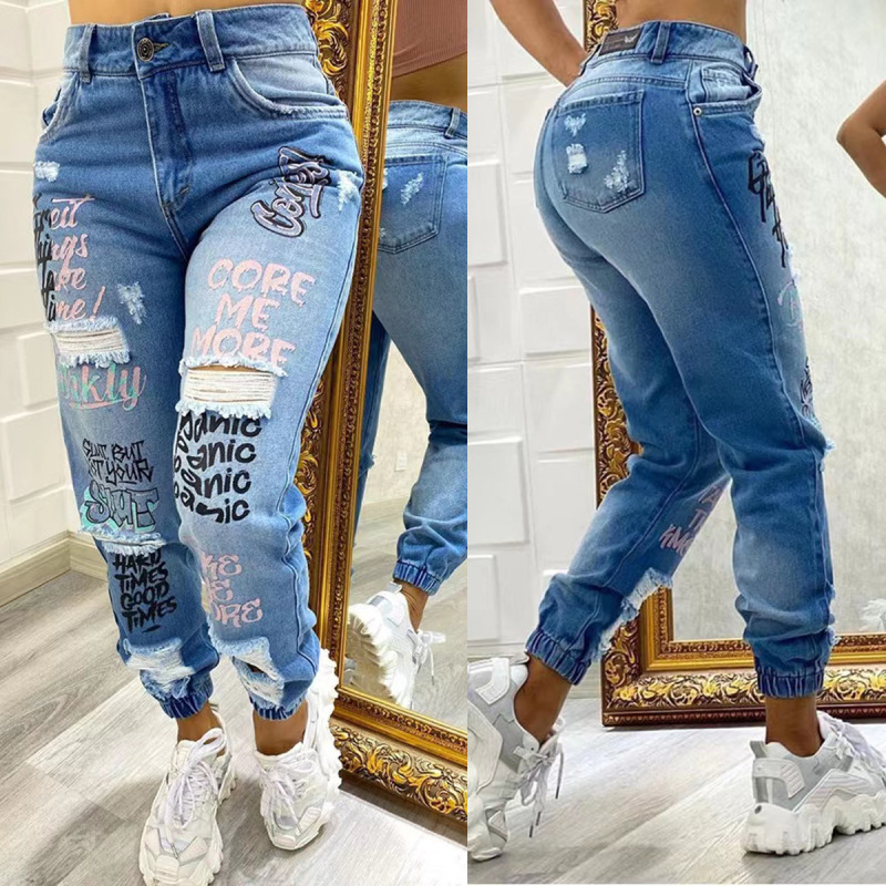 Women'S Fashion Casual Letter Printing Ripped Denim Pants