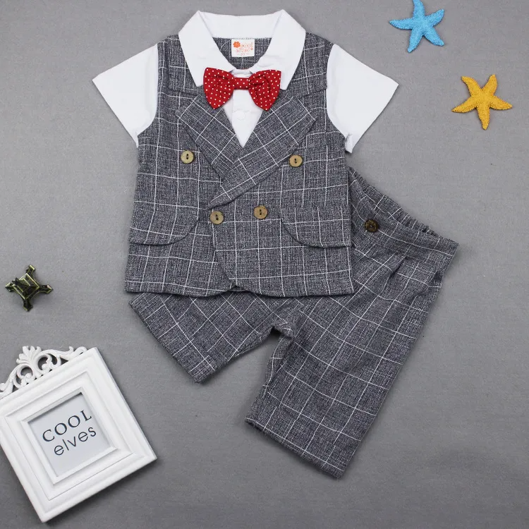 Kids Baby Boys Summer Fashion Casual British Style Bow Playd Waistcoat Shirt Shorts Boys Party Clothing Set