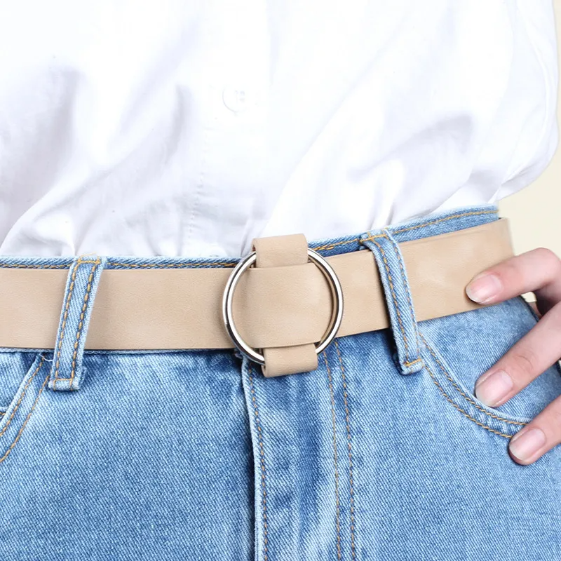 Women Causal Needleless Round Buckle Design Solid Color PU Belt