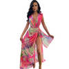 Women Fashion Sexy Vacation Floral Printed Deep V Sleeveless Backless Side Slit Two-Piece Set Dress