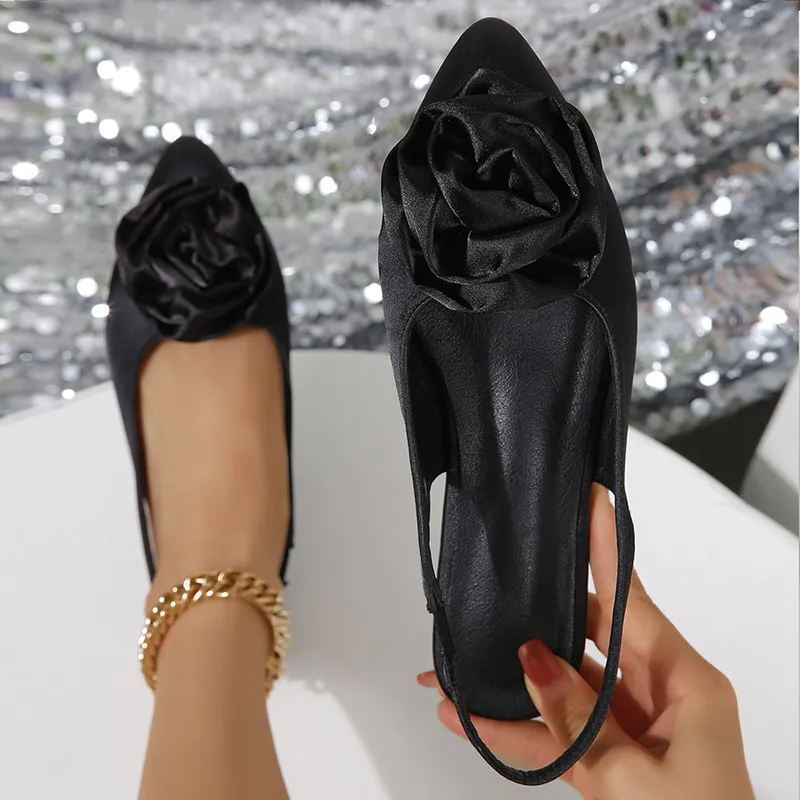 Women Fashion Satin Rose Pointed Toe Flat Sandals