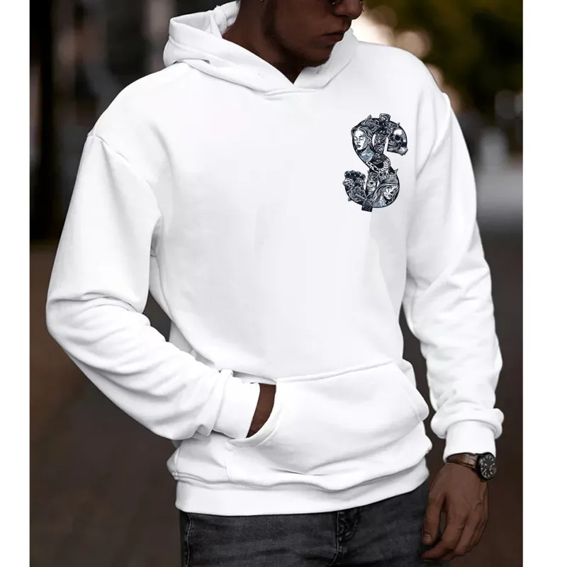 Men Casual Creative $ Skull Weapon Print Hooded Loose Sweatershirt