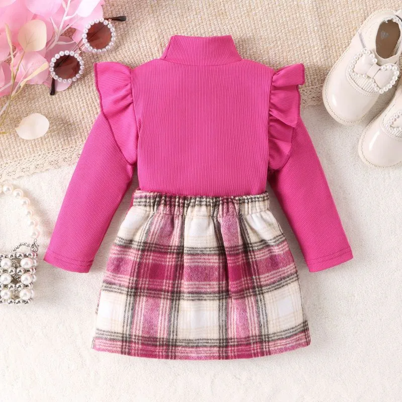 Toddler Girls Autumn Winter Casual Cute Solid Color Stripe Long Sleeve Turtle Neck Top Skirt Sets