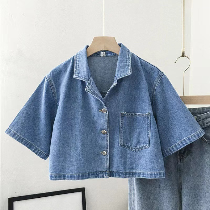 Women'S Retro Casual Short-Sleeved Lapel Loose Denim Shirt